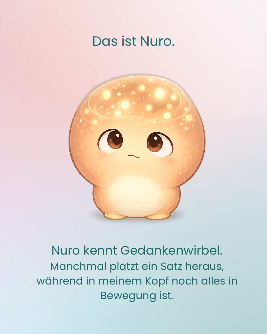 Nuro mit leuchtenden Punkten im Kopf – ein Gedanke ist schon draussen, während innen noch vieles in Bewegung ist